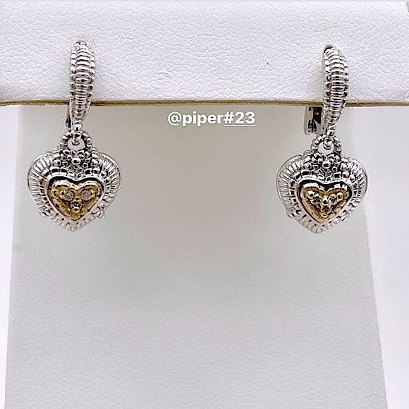 Judith Ripka Sterling Silver 18K Gold JR TWO Diamond Heart Romance Drop Earrings - Picture 4 of 10
